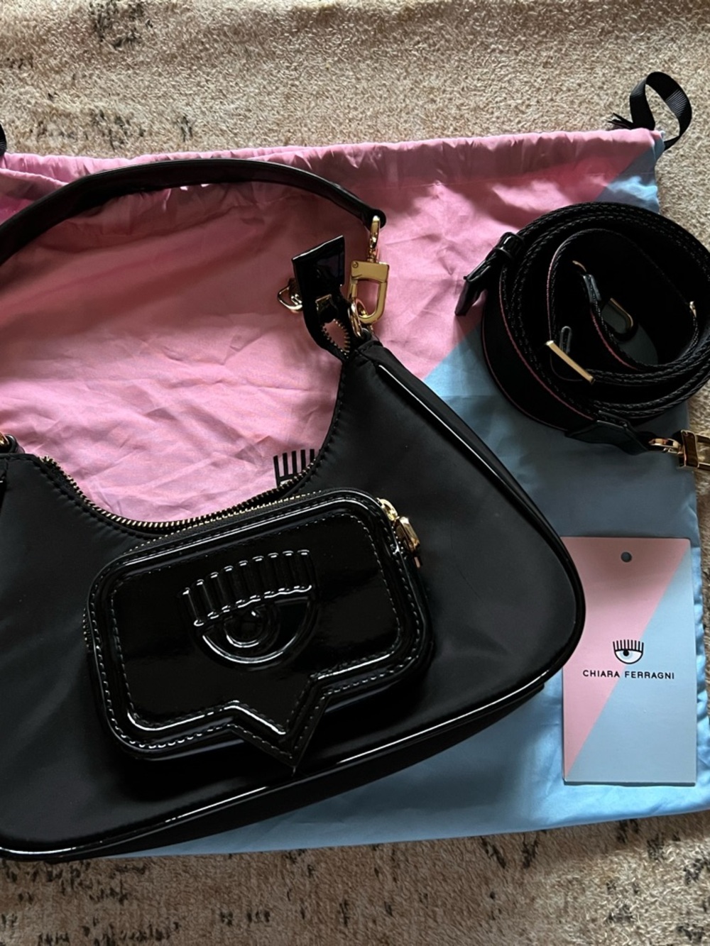 Chiara Ferragni Black Shoulder Bag with Glossy Eye Pocket